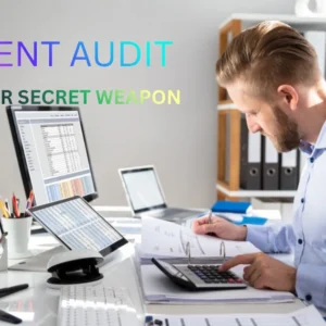 Digital marketer analyzing website analytics and keyword data during a content audit to improve SEO and content marketing performance.